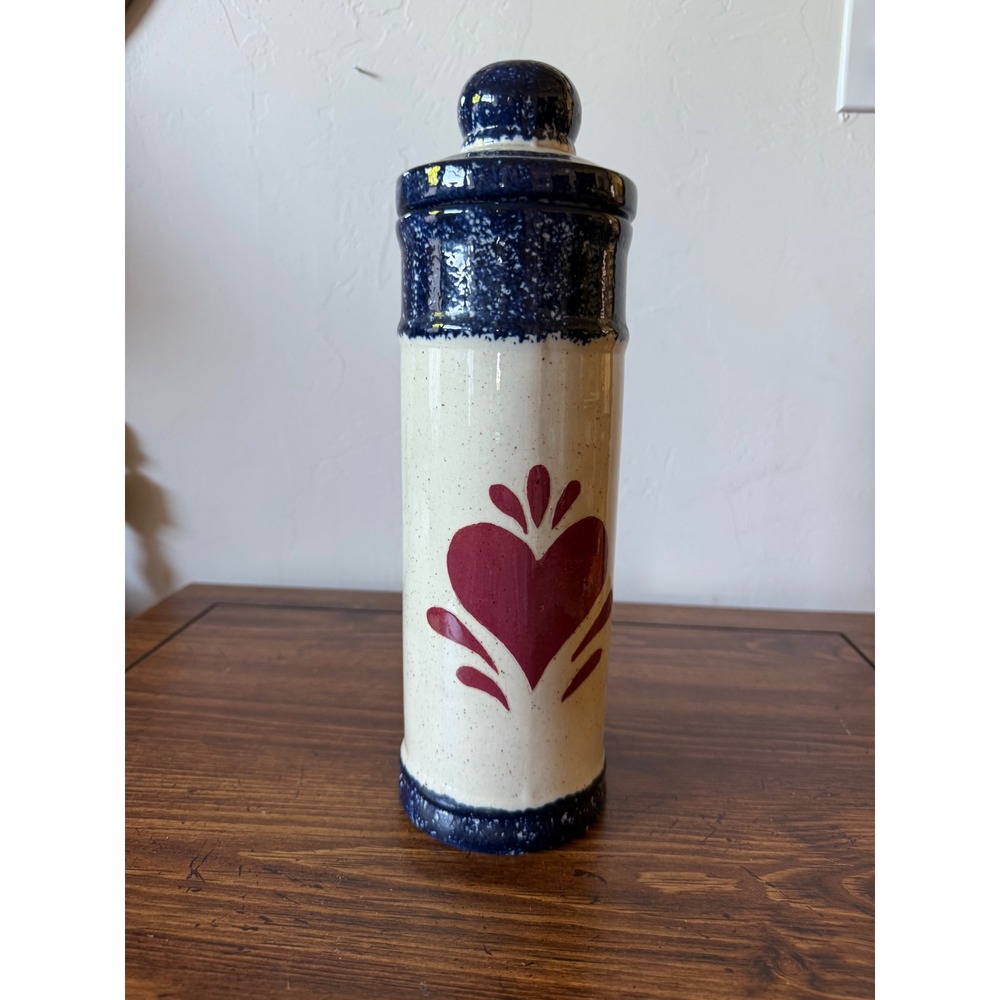 Vintage Folk Art Heart Stoneware Canister Blue Sponge Ware Pottery Jar with Lid